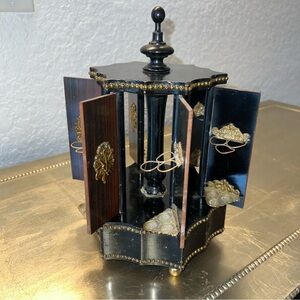 Vintage Rotating Ring Holder Jewelry Cabinet – Brass & Wood Victorian